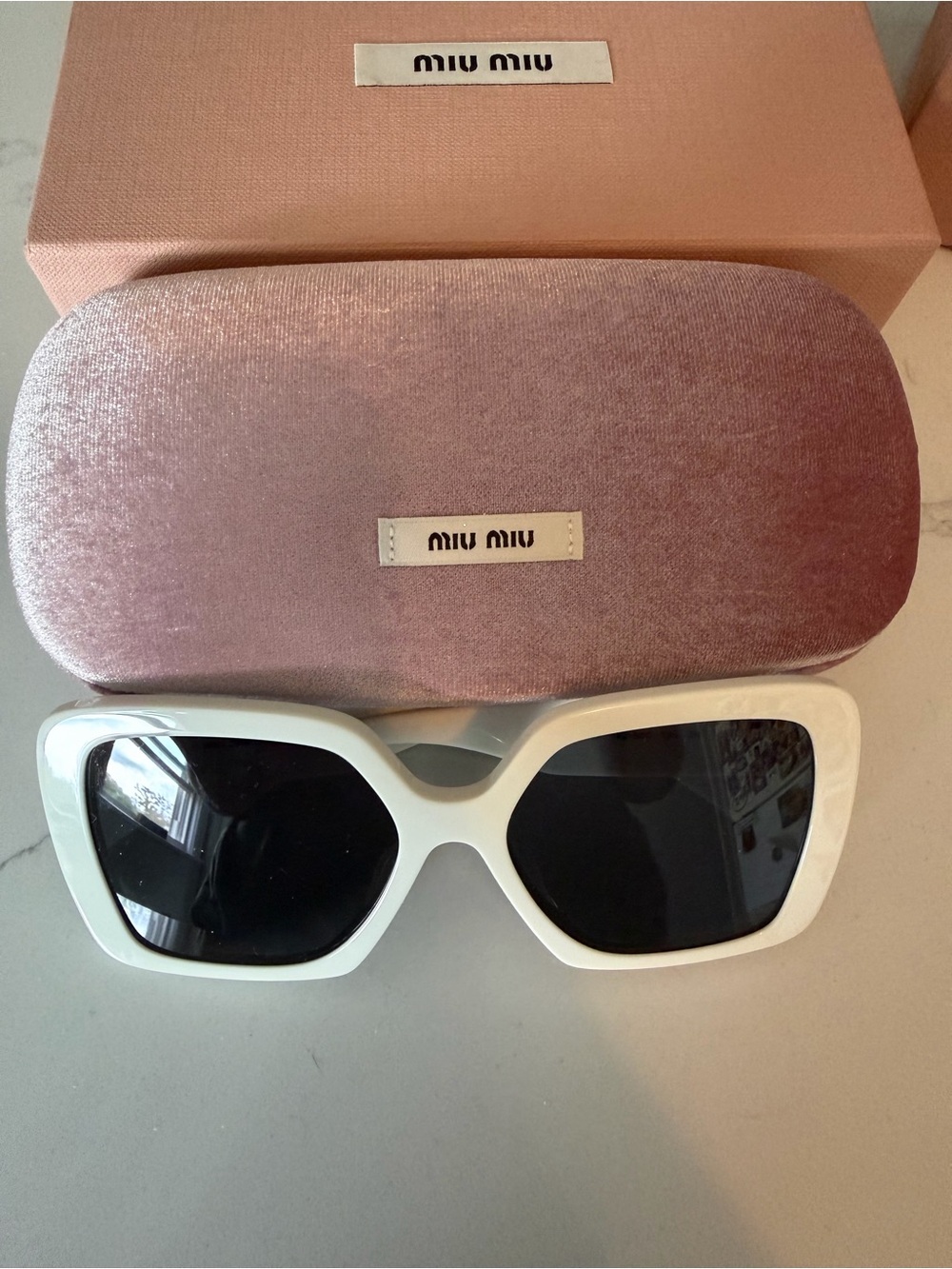 Miu Miu White Oversized Geometric Sunglasses with Pink Case